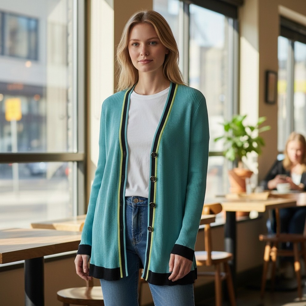 Misook Women Turquoise Ribbed Knit Cardigan Contrast Trim Gold Button V-Neck L